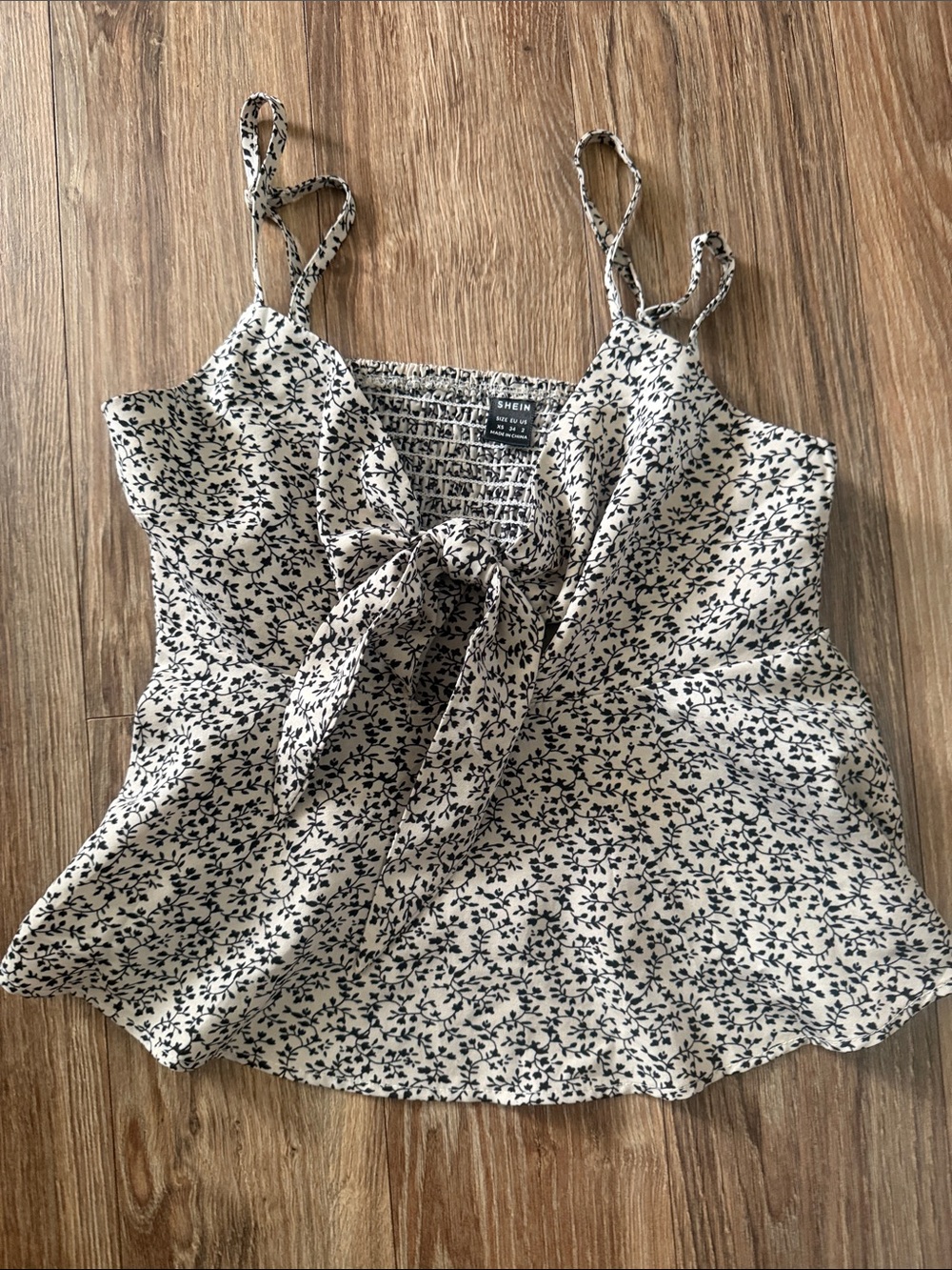 SHEIN Cream Cami with Black Floral Tie-Front